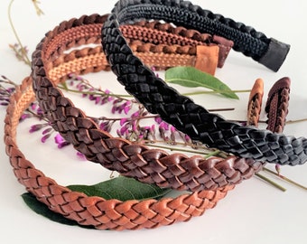 Braided Leather 3/4" Wide Headband in Chestnut, Brown or Black Leather - 3 Colors