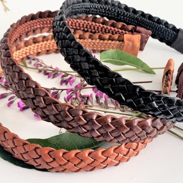 Braided Leather 3/4" Wide Headband in Chestnut, Brown or Black Leather - 3 Colors