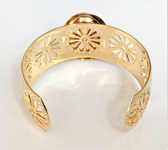 Wide Floral Cut Out Gold Tone Metal Cuff Hand Set… - image 3