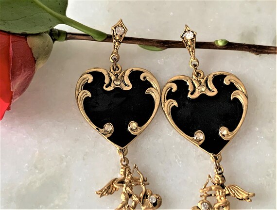 Antique Gold Black Enamel Hearts & Cupids Drop Pi… - image 5
