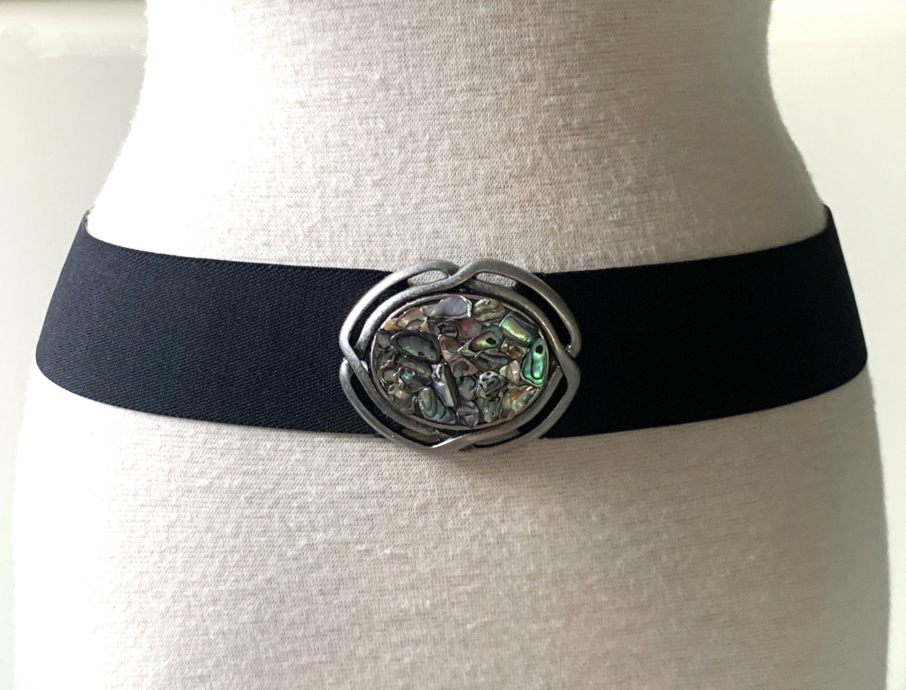 Shell Abalone Chain Link Adjustable Belt, O/S Silver Oxidized Abalone Shell Buckle Belt on Black Nylon  main image 3