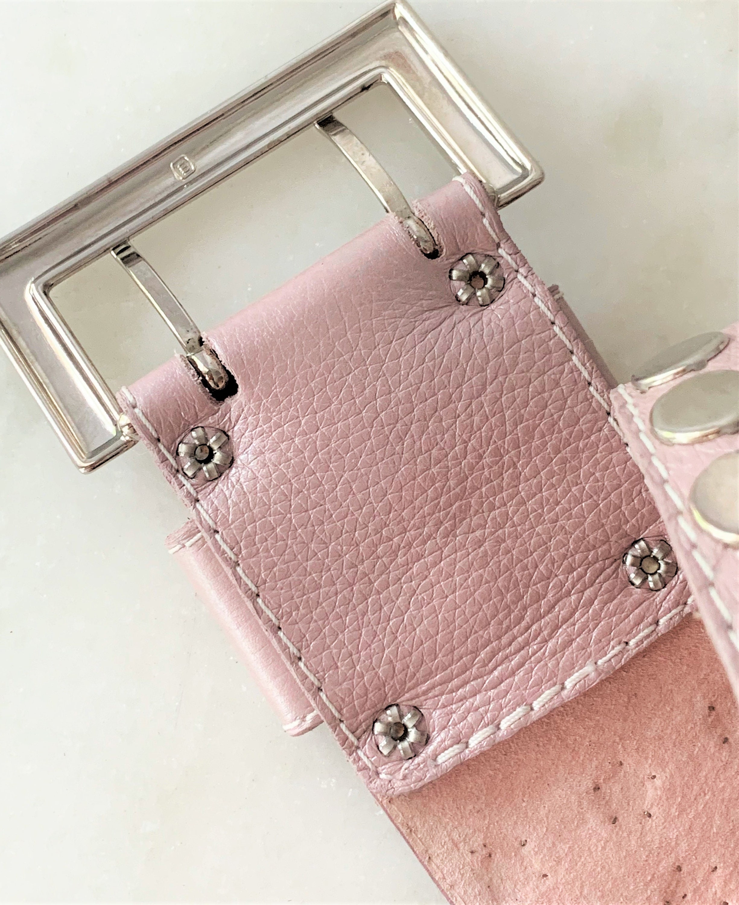 Genuine Leather Belt Vintage Pink Womens Made in Italy Silver Belt Buckle Modern Chrome Hearts Pink Leather Belt with Silver Buckle - SRM  main image 4