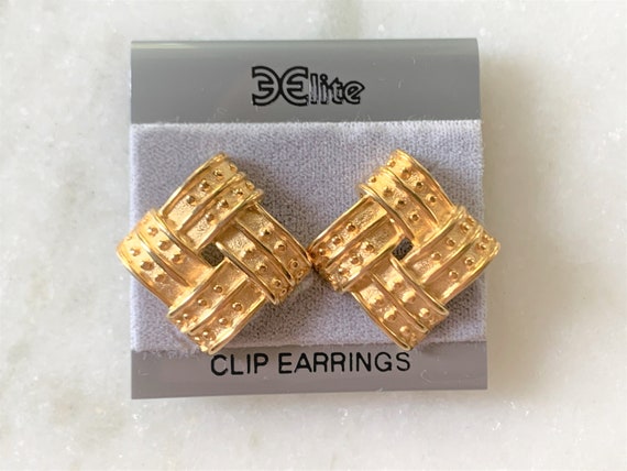 Brushed & Polished Gold Tone Woven Square Clip On… - image 2