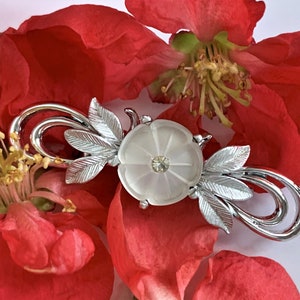 Frosted Camphor Glass Flower with Crystal Stone Brooch Prong Set in Polished Silver Tone with Satin Silver Etched Leaves - Made in USA