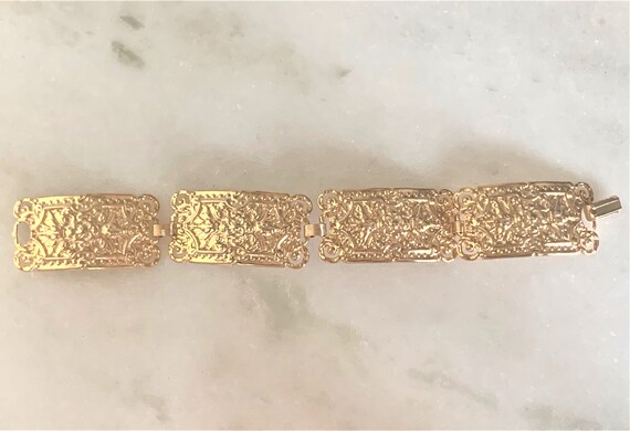Floral Repousse Gold Tone Connector Bracelet with… - image 10