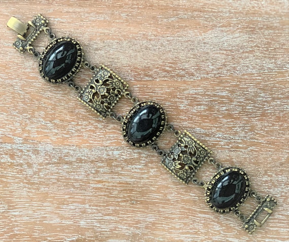 Black Cabochon Etruscan Style Chunky Link Antique… - image 2