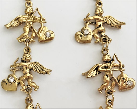 Antique Gold Black Enamel Hearts & Cupids Drop Pi… - image 8