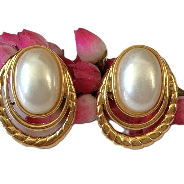 TAT Signed Oval Pearl Cabochon Pierced Earrings in Oval Rope Edge Open Work Gold Tone Frames - Made in USA