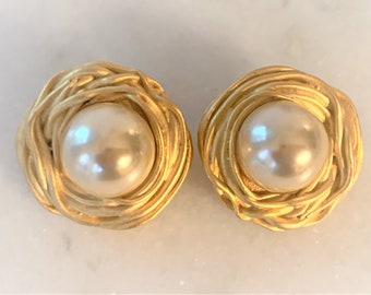 1980’s Birds Nest Cabochon Faux Pearl Clip On Earrings Set in Satin Gold Tone  - Made in USA