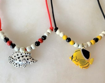 Kids 15" Brite Rubber Fish Necklace on Nylon Cord with Wooden Beads & Spring Ring Clasp - 2 Styles