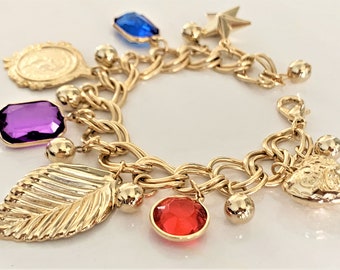 Gold Tone Charm Bracelet: Heart, Leaf, Star & Gemstones - 1990s Vintage
