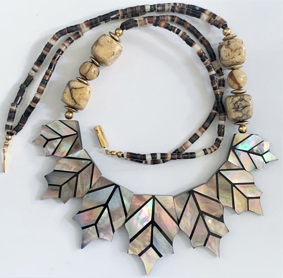 Mother of Pearl Inlay Leaf Necklace Hand Crafted … - image 1