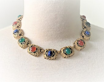 CRAFT Signed Etruscan Antique Gold Tone Oblong Domed Link Necklace Hand Set with Glass Cabochons & Black Enamel- Chain and Hook Closure