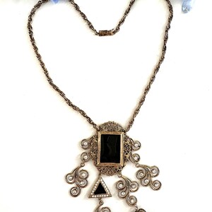 Antique Gold Openwork Filigree Black Enamel Dangle Pendant Necklace with Crystal Glass Stones on Rope Chain with Box Clasp - Made in USA