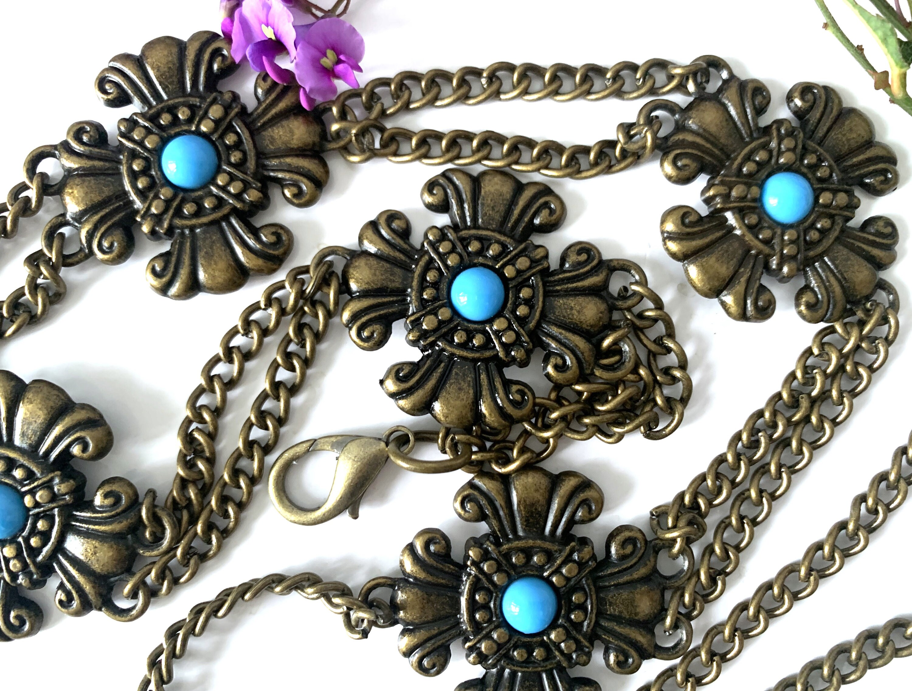 Vintage Antique Brass Medallion Chain Belt With Turquoise 