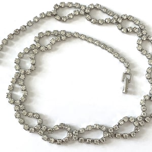 16&quot; Crystal Glass Rhinestone Loop Necklace Prong Set in Silver with Fold Over Clasp - Made in USA