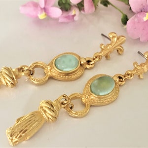 Fleur De Lis & Tassel Satin Gold Dangle Pierced Earrings Set with Oval Lalique Lucite Cabochons - 2 Colors - Made in USA