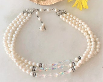Ras de cou vintage à 3 rangs de perles de verre avec perles de cristal AB et rondelles de cristal - Connecteurs de barre cristal/argent et chaîne de perles réglable