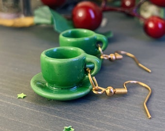 Green Tiny Tea Cup Earrings// Tiny Coffee Cup//