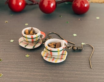 Tiny Plaid Coffee Cup Earrings// Tea Cup Earrings// Christmas Earrings//
