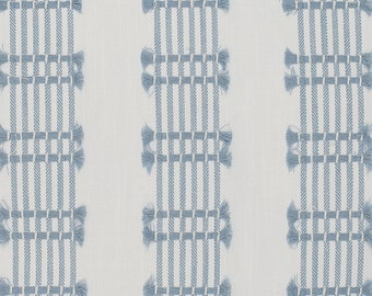 Coastal Blue Stripe Embroidered Fabric by the Yard