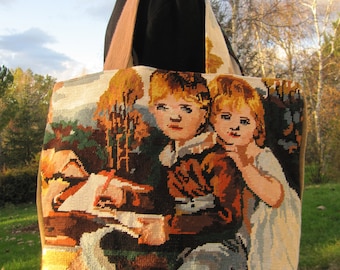 Sac canevas ancien, cabas tapisserie, sac paysage, canevas "Deux enfants", tendance vintage, sac vegan