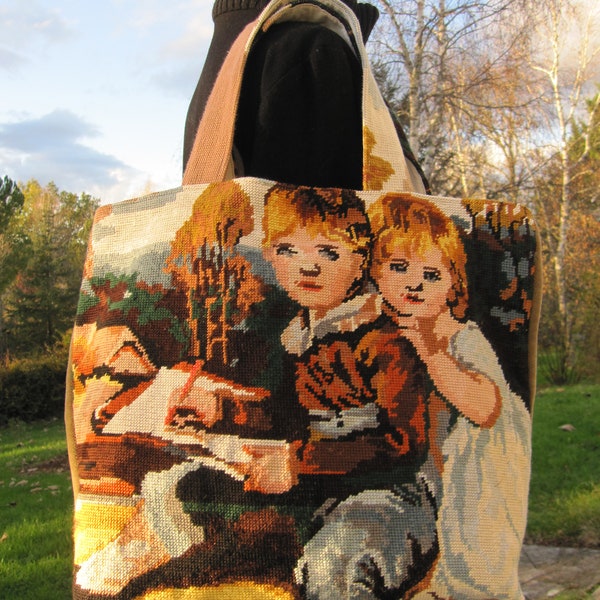 Sac canevas ancien, cabas tapisserie, sac paysage, canevas "Deux enfants", tendance vintage, sac vegan