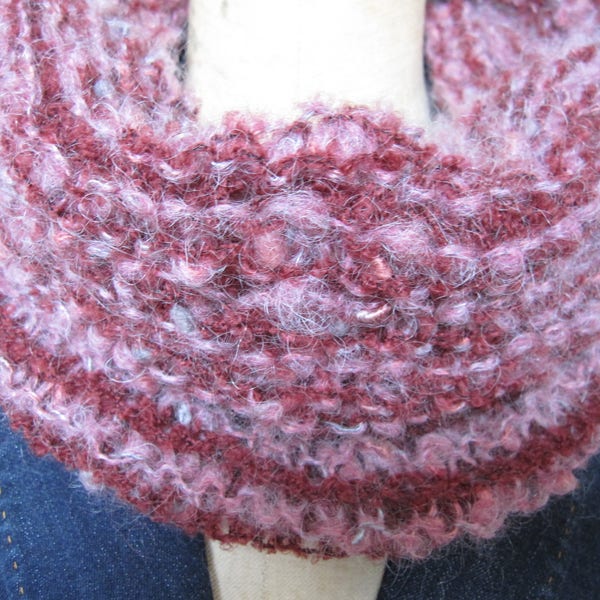 Snood, collar, neck twist knitted in soft wool and mohair, pink and garnet