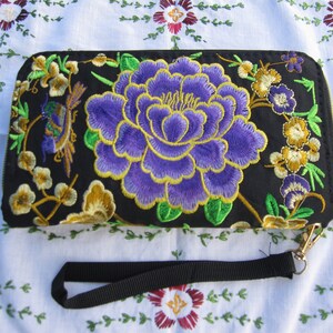 Porte-monnaie, porte-cartes, pochette, portefeuille noir, brodé fleurs 5