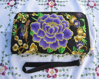 Wallet, card holder, pouch, black wallet, embroidered flowers 5