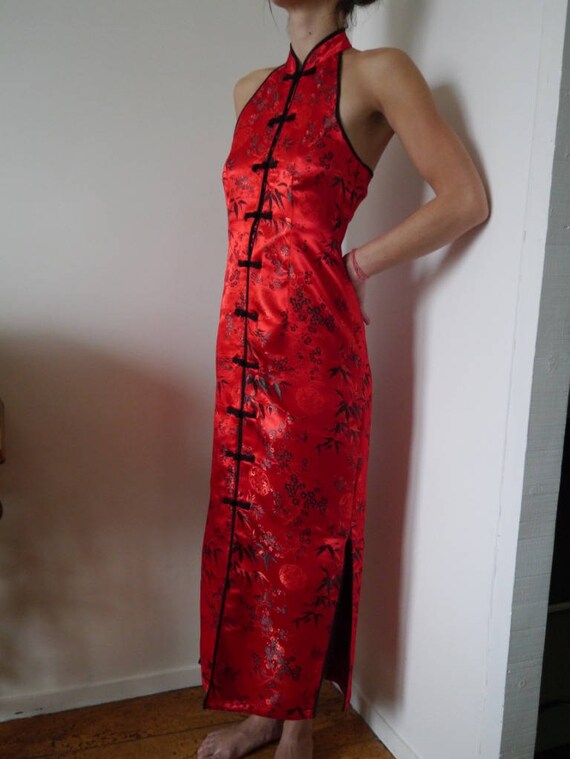 red satin halter dress