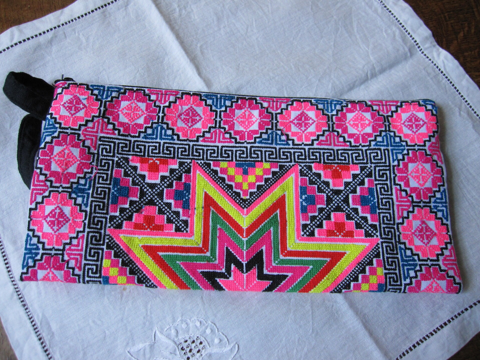 Original embroidered, ethnic pouch with wrist strap, star motif