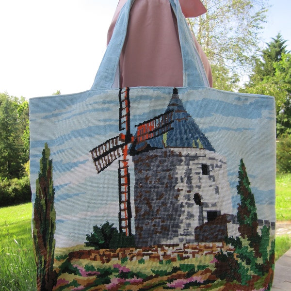 Sac canevas ancien, sac cabas tapisserie, sac paysage, canevas "Moulin en Provence", sac vegan