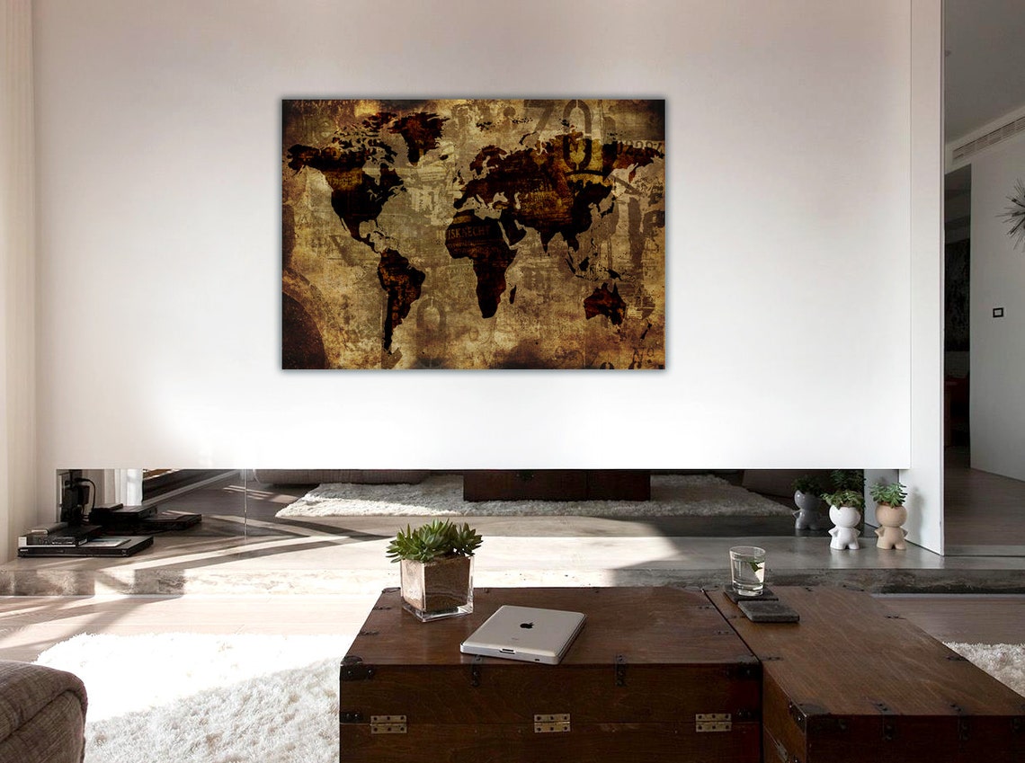 Large Brown Canvas Picture With World Map / Digital Art / Etsy