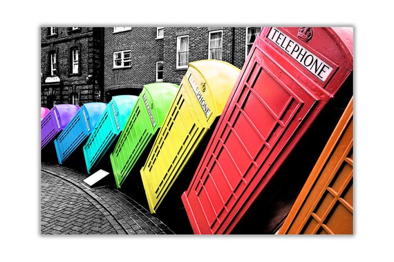 Rainbow Telephone Boxes London Prints on Framed Canvas Picture City Artwork 