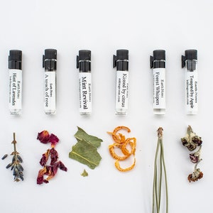 Puede incluir: Seis peque&ntilde;os frascos de vidrio con tapas negras y etiquetas que contienen diferentes aceites esenciales. Las etiquetas tienen los nombres de las fragancias: "Hint of Lavender", "A touch of rose", "Mint Revival", "Kissed by citrus", "Forest Whispers" y "Tempted by Apple". Flores y hierbas secas est&aacute;n dispuestas frente a cada frasco.