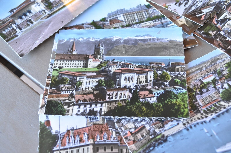 Vintage souvenir photo block of Lausanne and Ouchy in Switzerland-years /' 60