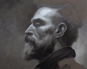Original Male Portrait Grisaille in Profile 12"x16" Oil Painting on Canvas