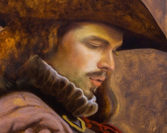 Original Male Portrait The Muskateer 12"x16" Oil Painting on Panel