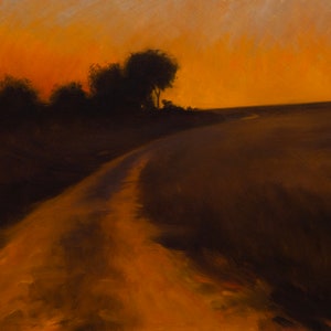 Original Orange Glowing Sunset Tonalist Landscape Painting 9&quot;x12&quot; Oil on Panel