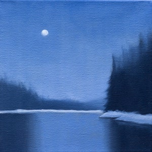 Original Small Winter Lake Moon Tonalist Landscape Painting 8&quot;x8&quot; Oil on Canvas