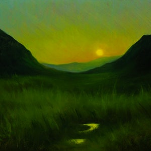 Original Green Glowing Sunset Tonalist Landscape Painting 9"x12" Oil on Panel