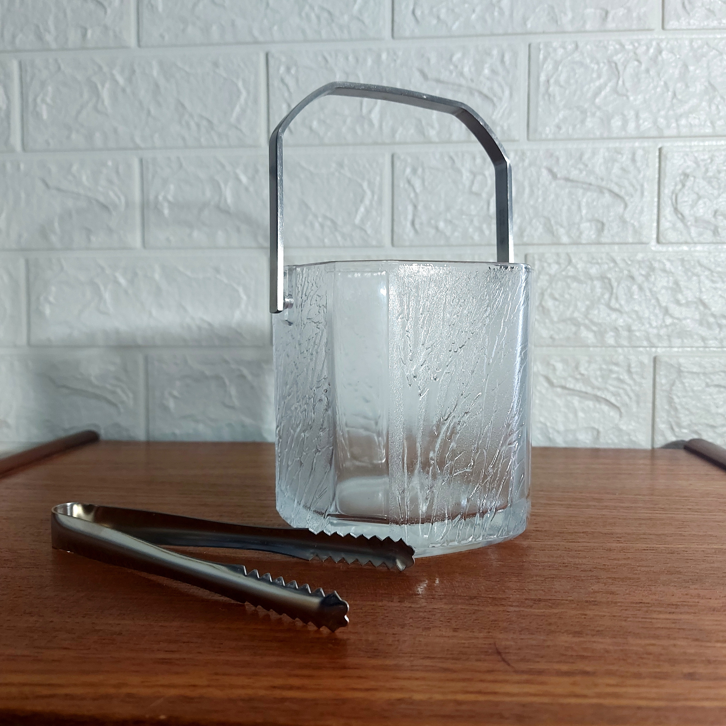 桶と枡 Vintage Sasaki Textured Glass ICE BUCKET Metal Tongs in Original