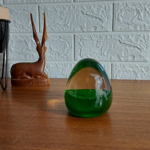 Caithness glass CRICKETER domed paperweight clear on dark green ground hand scripted to base