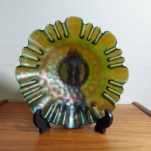 Green Carnival glass Fenton COIN DOT pattern shallow bowl with 3 in 1 wavy rim vintage early mid century