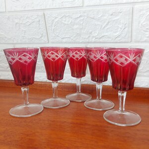 5x vintage cranberry red cut to clear Italian aperitif or port wine glasses