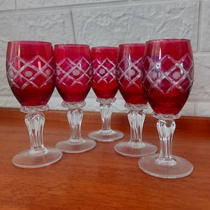 5x vintage cranberry red cut to clear aperitif or port wine glasses