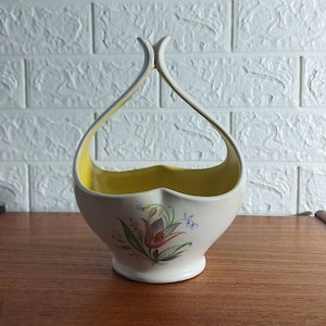 Mid century Burleigh Ware pottery vase with a bright cheerful yellow interior and stylised floral motif