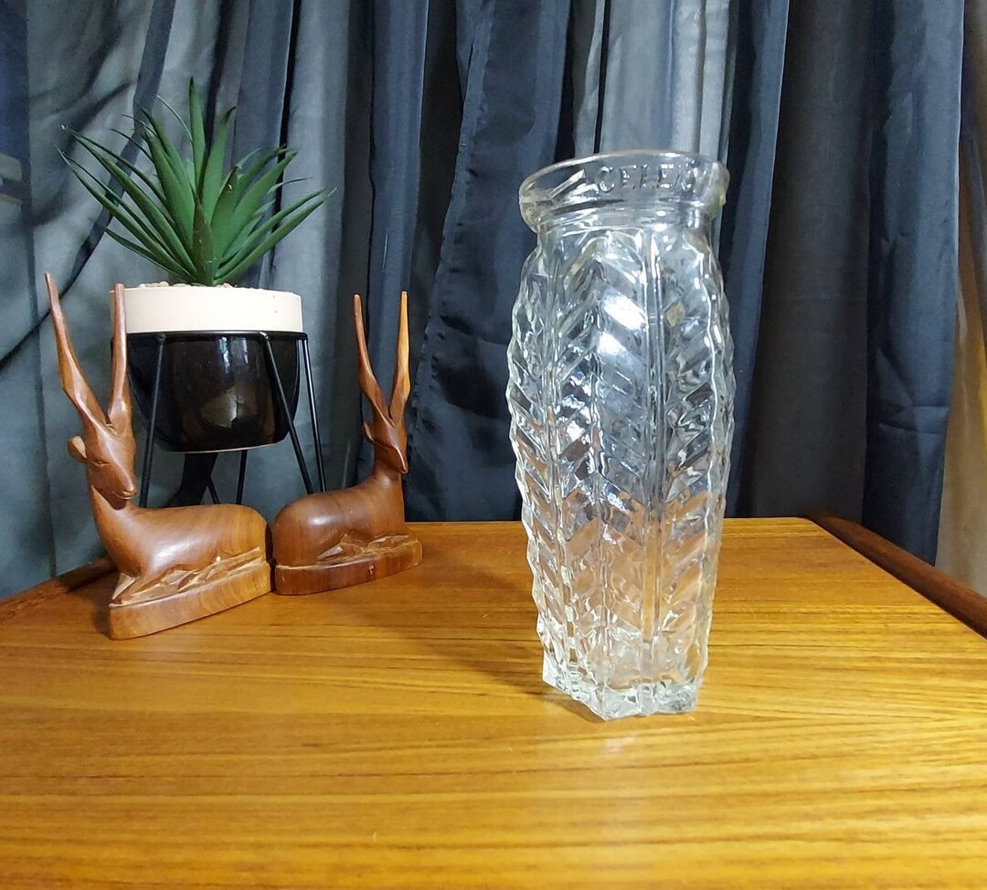 Vintage Glass Celery Vase Press Moulded With Herring Bone Pattern