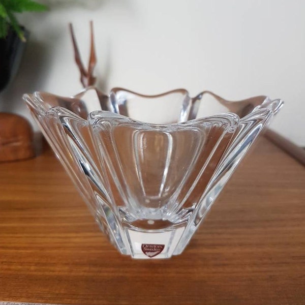 Orrefors ORION crystal glass candle bowl designed by Lars Hellsten labelled and signed to base